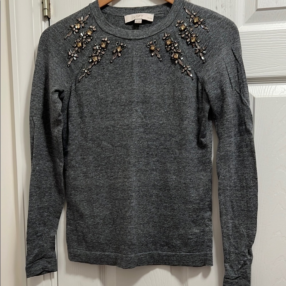 LOFT Gray Embellished Long Sleeve Top